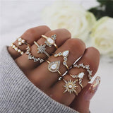 Rings Opal Women Bohemian Vintage Crown Wave Flower Heart Leaf Crystal Joint Party Silver Ring Sets